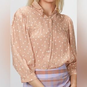 Smythe Nude Polka Dot Shirred Pocket Long Sleeve V Neck Blouse in Nude L